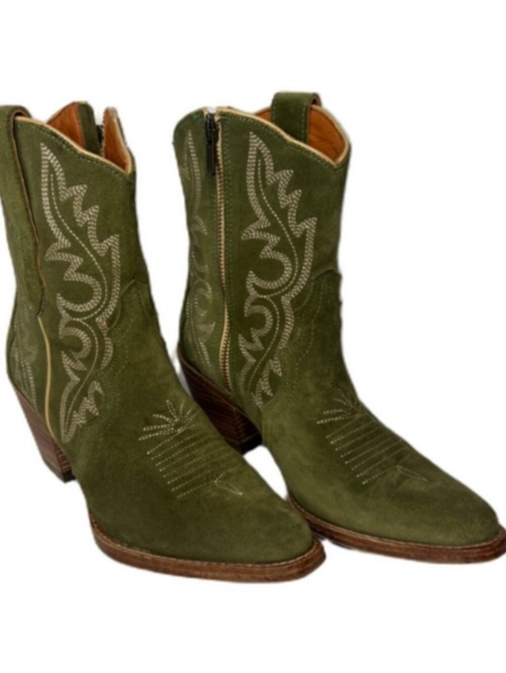 Buck & Brana Olive Green Suede Western Ankle Boots with Side Zip Size 8